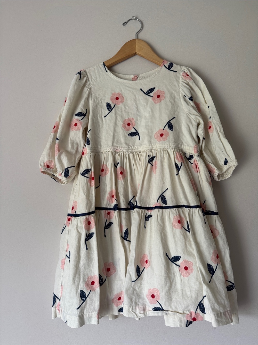 Pink Chicken Cream Dress with Pink Floral Print and Navy Accents